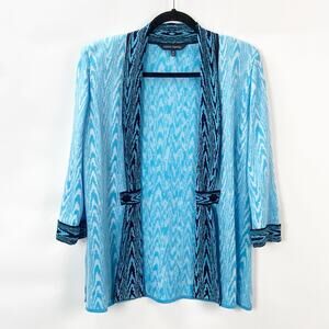 Ming Wang Small Womens Blue / White Long Sleeve Open Front Knit Cardigan Sweater